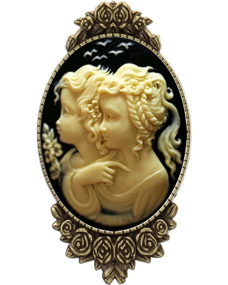 Cameo Style Brooch Pin Rose Decor Antique Brass Fashion Jewelry Pouch for Gift Twin sisters $9.44 Brooches & Pins