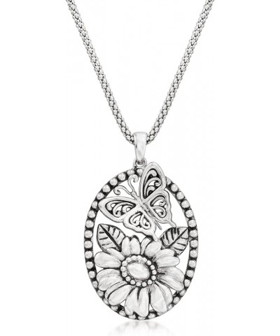 Sterling Silver Flower and Butterfly Pendant Necklace 18.0 Inches $47.94 Necklaces