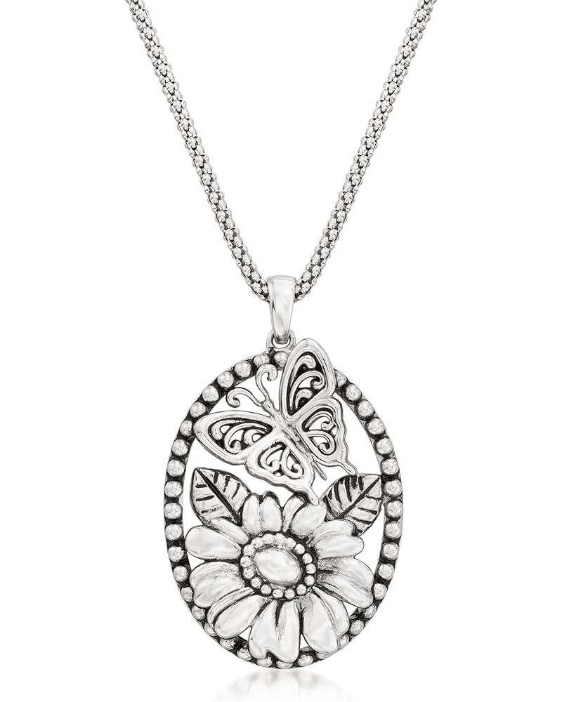 Sterling Silver Flower and Butterfly Pendant Necklace 18.0 Inches $47.94 Necklaces