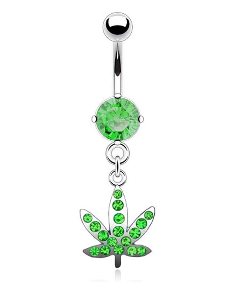 Surgical Steel Crystal Studded Marijuana Leaf Charm Dangle Belly Ring Green $10.43 Body Jewelry