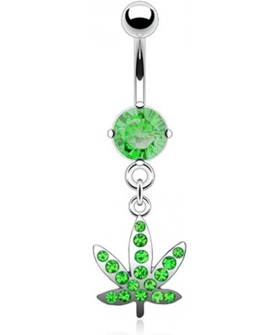 Surgical Steel Crystal Studded Marijuana Leaf Charm Dangle Belly Ring Green $10.43 Body Jewelry