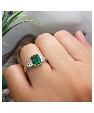 8x6mm Emerald Shape Center Lab Created Emerald & 2.2mm Round White Sapphire on Side Crisscross Shank Engagement Ring for Her ...