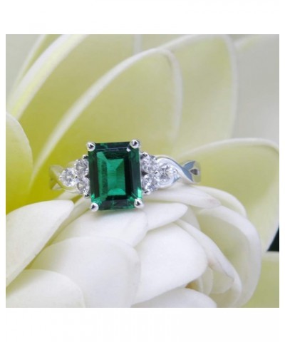 8x6mm Emerald Shape Center Lab Created Emerald & 2.2mm Round White Sapphire on Side Crisscross Shank Engagement Ring for Her ...