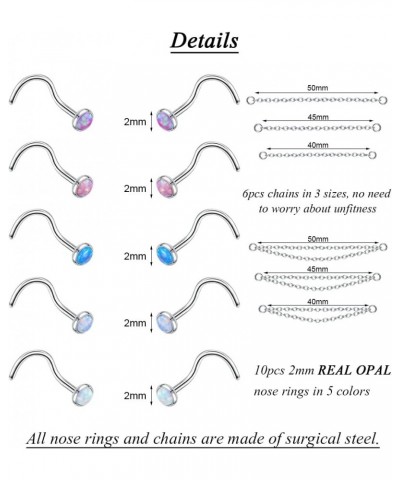 16Pcs 20G Opal Nose Rings Surgical Steel Nose Studs for Women Nose Rings Studs with Chains Hypoallergenic Nose Piercing Jewel...