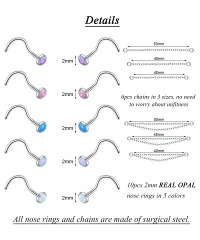 16Pcs 20G Opal Nose Rings Surgical Steel Nose Studs for Women Nose Rings Studs with Chains Hypoallergenic Nose Piercing Jewel...