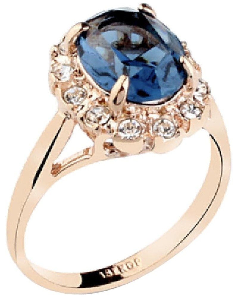 Rose Gold Plated Oval Shaped Gem Style Ring with Sapphire Blue Swarovski element Crystal and Clear Round Shaped Cubic Zirconi...