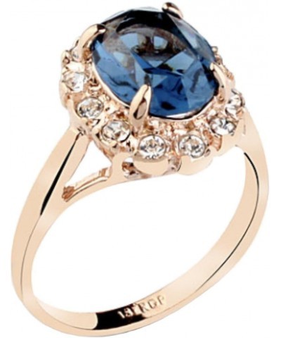 Rose Gold Plated Oval Shaped Gem Style Ring with Sapphire Blue Swarovski element Crystal and Clear Round Shaped Cubic Zirconi...