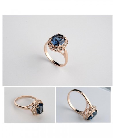 Rose Gold Plated Oval Shaped Gem Style Ring with Sapphire Blue Swarovski element Crystal and Clear Round Shaped Cubic Zirconi...