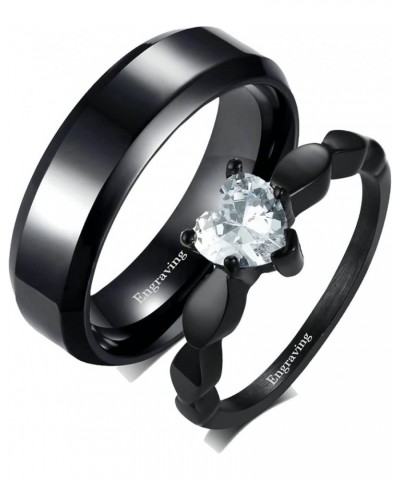 Promise Rings for Couples Set Stainless Steel, Wedding Anniversary Rings for Couples Black Ring 6MM Heart Cubic Zirconia Ring...