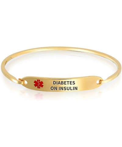 Customizable Engravable Identification Medical ID Sleek Bangle Bracelet for Women Stainless Steel 7 Inch Gold Diabetes On Ins...