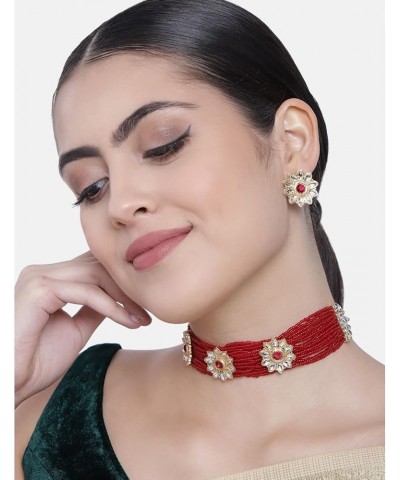 Indian Bollywood18K Gold Plated Light Weighted Beaded Floral Choker Jewelry Set Encased With Faux Kundan Along with Earrings ...