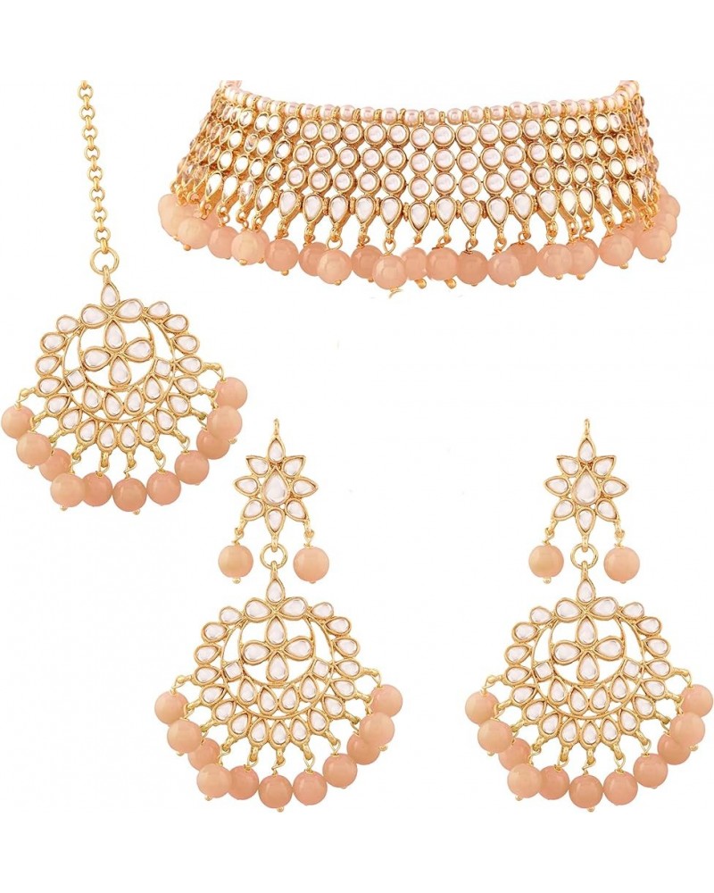 Traditional Kundan & White Pearl Choker Necklace Set For Women (K7075) Peach $15.68 Jewelry Sets