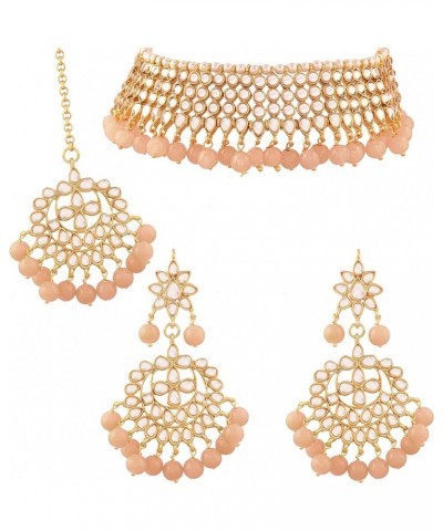 Traditional Kundan & White Pearl Choker Necklace Set For Women (K7075) Peach $15.68 Jewelry Sets