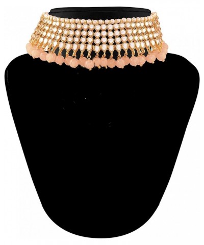 Traditional Kundan & White Pearl Choker Necklace Set For Women (K7075) Peach $15.68 Jewelry Sets