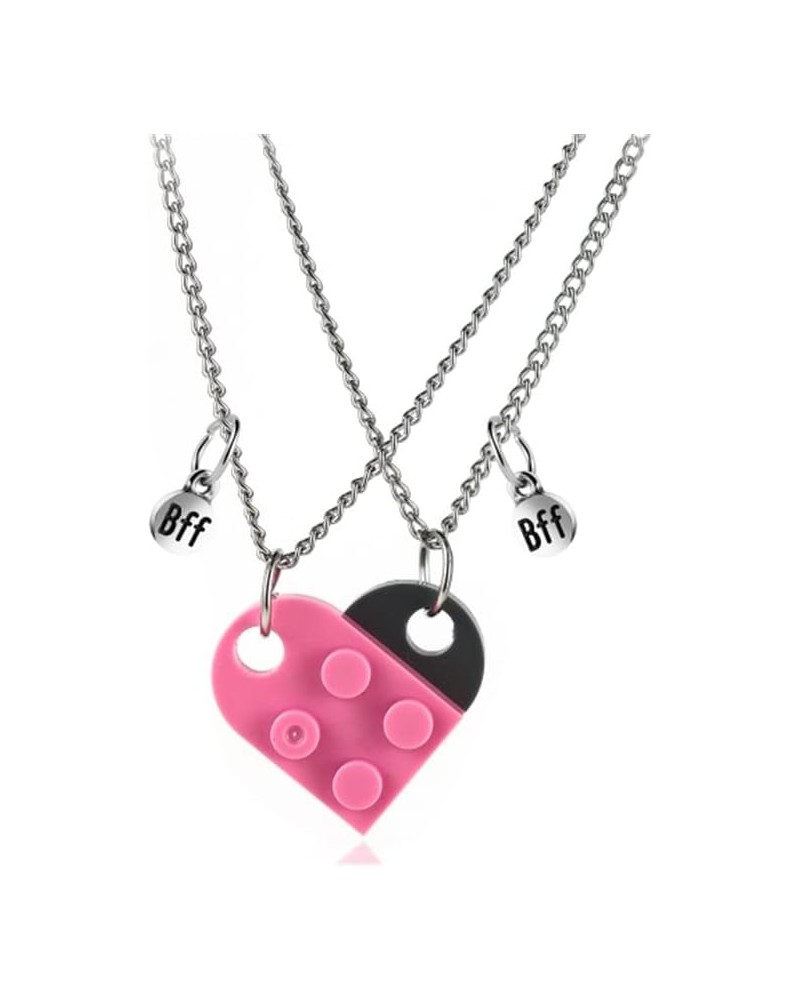 2Pcs Colorful Bricks Assembled BFF Pendant Necklace, Heart Shape Matching Geometric Block Charms Compatible with Building Blo...