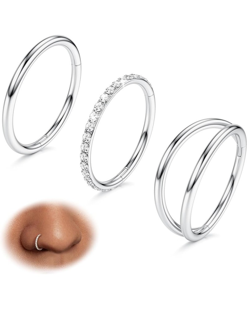 3pcs Nose Rings Hoops - 316L Surgical Steel Double Hoop Nose Rings 16G/18G/20G Hinged CZ Conch Piercing Jewelry Septum Clicke...