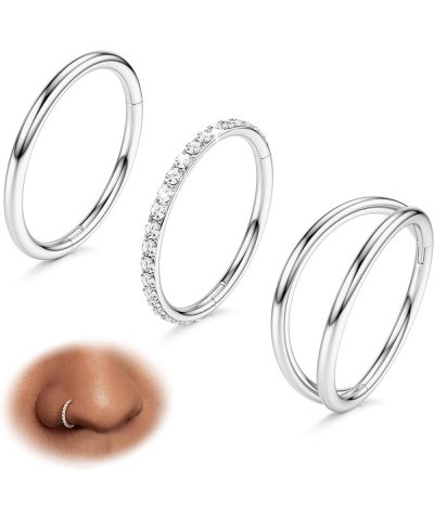 3pcs Nose Rings Hoops - 316L Surgical Steel Double Hoop Nose Rings 16G/18G/20G Hinged CZ Conch Piercing Jewelry Septum Clicke...