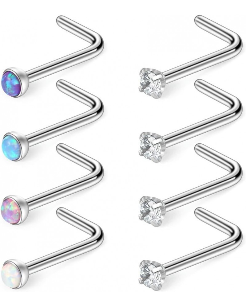 20G 316L Surgical Steel 1.5mm 2mm 2.5mm 3mm Jeweled Opal & Clear CZ Nose L-Shaped Rings Studs Ring Body Piercing Jewelry 8PCS...