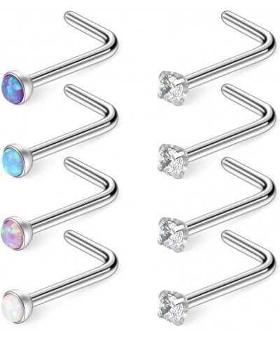 20G 316L Surgical Steel 1.5mm 2mm 2.5mm 3mm Jeweled Opal & Clear CZ Nose L-Shaped Rings Studs Ring Body Piercing Jewelry 8PCS...