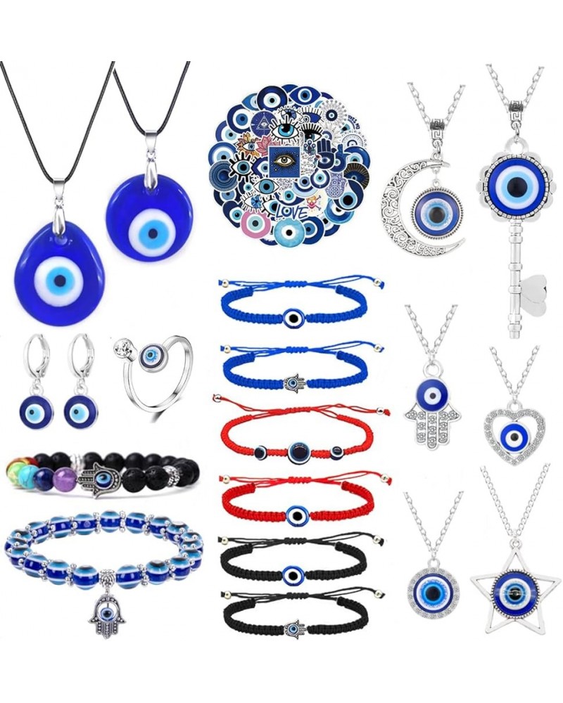 19Pcs Evil Eye Necklaces for Women Men Evil Eye Jewelry Blue Eye Bead Bracelets Hamsa Hand Pendant Necklace Evil Eye Earrings...