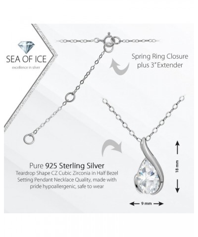 925 Sterling Silver CZ Cubic Zirconia in Half Bezel Setting Pendant Necklace, 16"+ 2" Extender Pear Shape CZ - Silver $15.11 ...