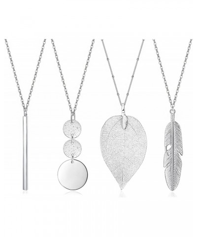 4 PCS Long Necklaces for Women - Fashion Pendant Necklace Jewelry, Silver Bar Feather Circle Leaf Lock Tassel Y Necklace Jewe...