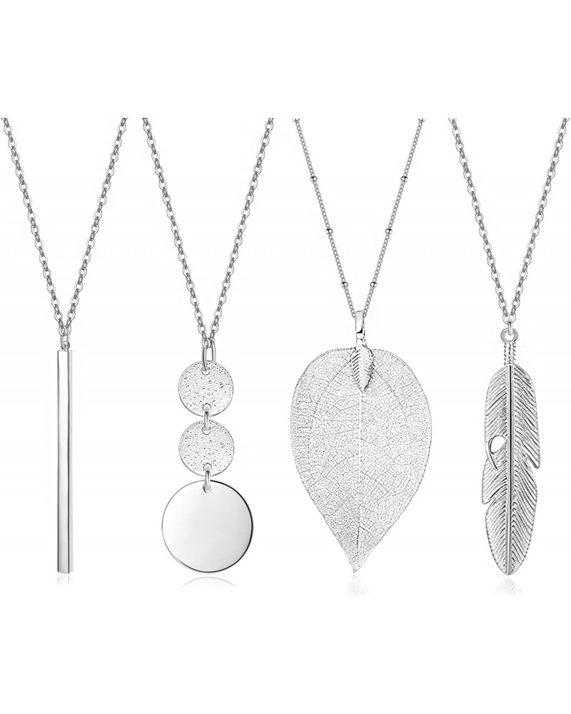 4 PCS Long Necklaces for Women - Fashion Pendant Necklace Jewelry, Silver Bar Feather Circle Leaf Lock Tassel Y Necklace Jewe...