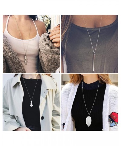 4 PCS Long Necklaces for Women - Fashion Pendant Necklace Jewelry, Silver Bar Feather Circle Leaf Lock Tassel Y Necklace Jewe...