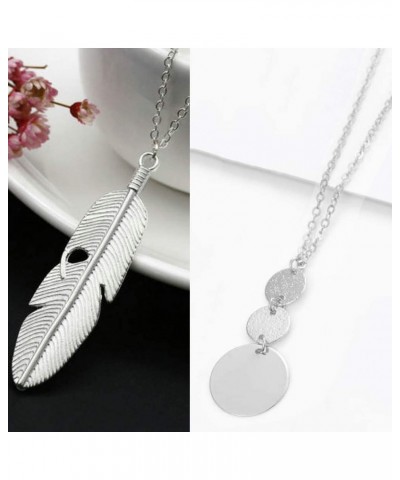 4 PCS Long Necklaces for Women - Fashion Pendant Necklace Jewelry, Silver Bar Feather Circle Leaf Lock Tassel Y Necklace Jewe...