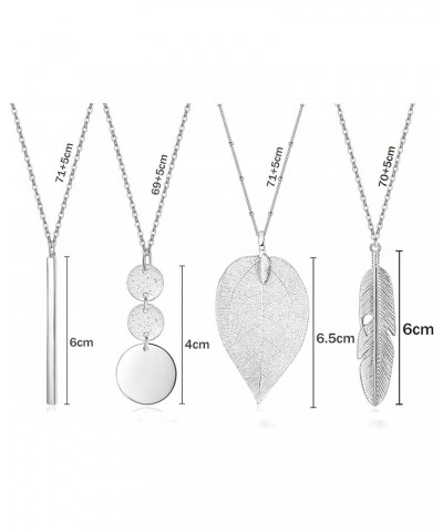 4 PCS Long Necklaces for Women - Fashion Pendant Necklace Jewelry, Silver Bar Feather Circle Leaf Lock Tassel Y Necklace Jewe...