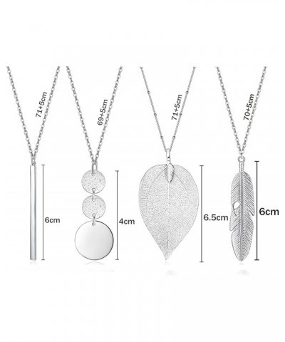 4 PCS Long Necklaces for Women - Fashion Pendant Necklace Jewelry, Silver Bar Feather Circle Leaf Lock Tassel Y Necklace Jewe...