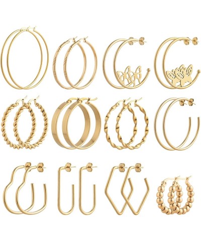 12Pcs Gold Hoop Earrings Set Lightweight Stainless Steel Circle Twisted Chunky Hoop Earrings for Women Gold-B $14.55 Earrings