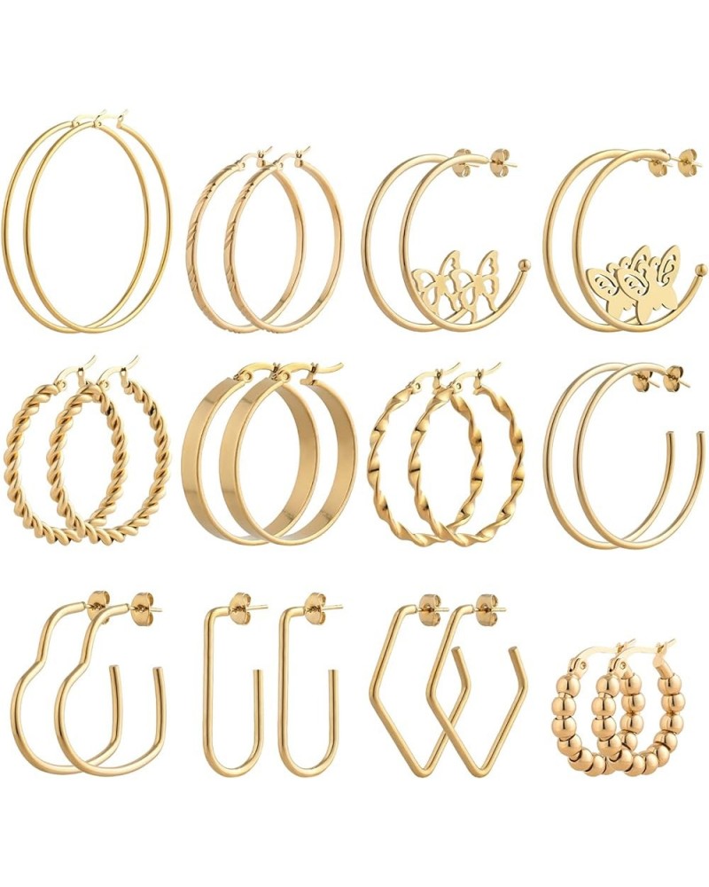 12Pcs Gold Hoop Earrings Set Lightweight Stainless Steel Circle Twisted Chunky Hoop Earrings for Women Gold-B $14.55 Earrings