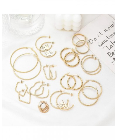 12Pcs Gold Hoop Earrings Set Lightweight Stainless Steel Circle Twisted Chunky Hoop Earrings for Women Gold-B $14.55 Earrings