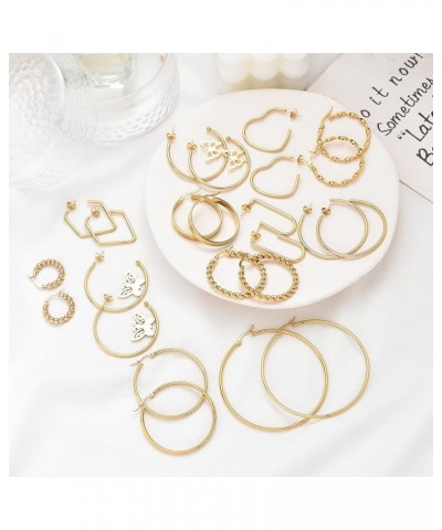 12Pcs Gold Hoop Earrings Set Lightweight Stainless Steel Circle Twisted Chunky Hoop Earrings for Women Gold-B $14.55 Earrings