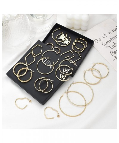 12Pcs Gold Hoop Earrings Set Lightweight Stainless Steel Circle Twisted Chunky Hoop Earrings for Women Gold-B $14.55 Earrings