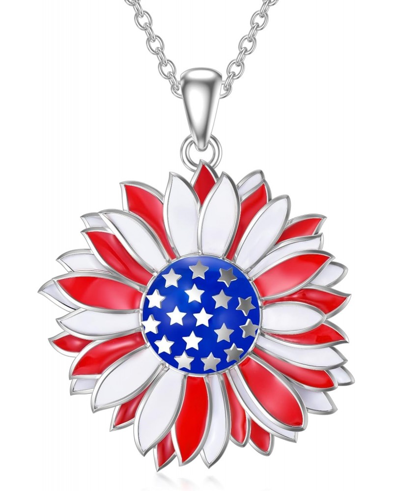 American Flag Necklace 925 Sterling Silver Sunflower Flag Pendant Necklace US Flag Patriotic Necklace Jewelry Independence Da...