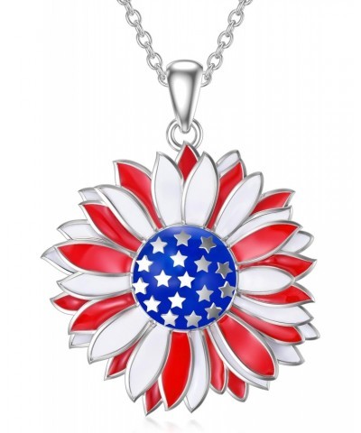 American Flag Necklace 925 Sterling Silver Sunflower Flag Pendant Necklace US Flag Patriotic Necklace Jewelry Independence Da...