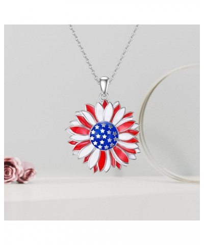 American Flag Necklace 925 Sterling Silver Sunflower Flag Pendant Necklace US Flag Patriotic Necklace Jewelry Independence Da...