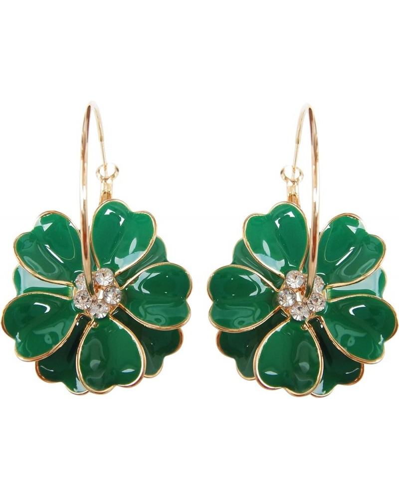 18k Gold Plated Enamel Flower Crystal Hoop Earrings(Dia. 3cm) Deep Green $10.02 Earrings