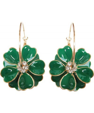 18k Gold Plated Enamel Flower Crystal Hoop Earrings(Dia. 3cm) Deep Green $10.02 Earrings