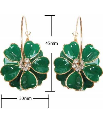 18k Gold Plated Enamel Flower Crystal Hoop Earrings(Dia. 3cm) Deep Green $10.02 Earrings