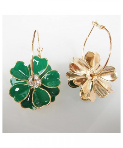 18k Gold Plated Enamel Flower Crystal Hoop Earrings(Dia. 3cm) Deep Green $10.02 Earrings