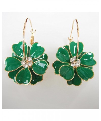 18k Gold Plated Enamel Flower Crystal Hoop Earrings(Dia. 3cm) Deep Green $10.02 Earrings