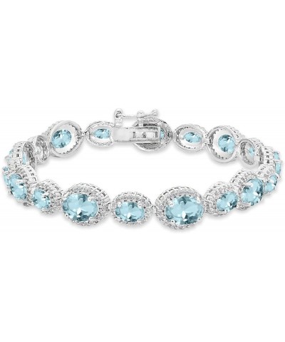 Sterling Silver Genuine, Created or Simulated Gemstone Oval Halo Statement Bracelet for Women Simulated Aquamarine $52.80 Bra...