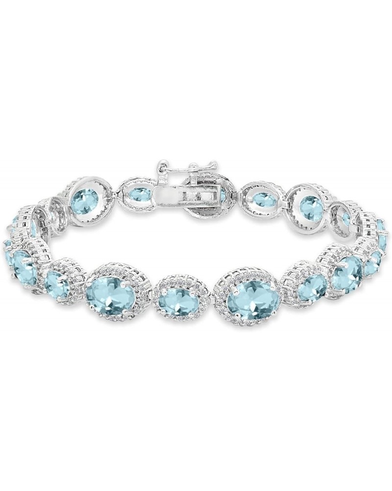 Sterling Silver Genuine, Created or Simulated Gemstone Oval Halo Statement Bracelet for Women Simulated Aquamarine $52.80 Bra...