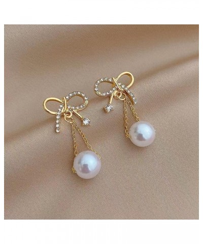 Bow Pearl Earrings Rhinestone Bow Dangle Earrings Cz Bow Drop Earrings Faux Crystal Pearl Bow Earrings for Women Girls Jewelr...