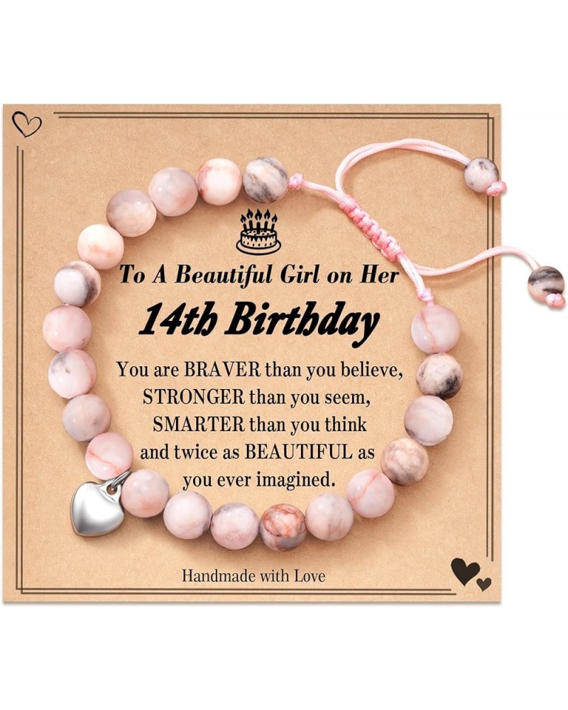 4-21 Year Old Birthday Gifts for Girls, Pink Zebra Natural Stone Bracelet with Sweet Heart Charm and Message Card for Daughte...