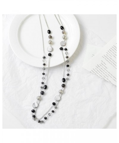 Layered Long Necklaces for Women Crystal Beaded Statement Necklace Sweater Silver Chain with Gifts Box Jewelry Black $11.04 N...