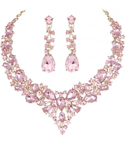 Bridal Austrian Crystal Necklace and Earrings Jewelry Set Gifts fit with Wedding Dress Pink-Gold tone $14.99 Jewelry Sets